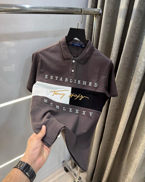Tomm y Hilfiger Dark Brown Embroidery Logo Premium Polo T-Shirt
