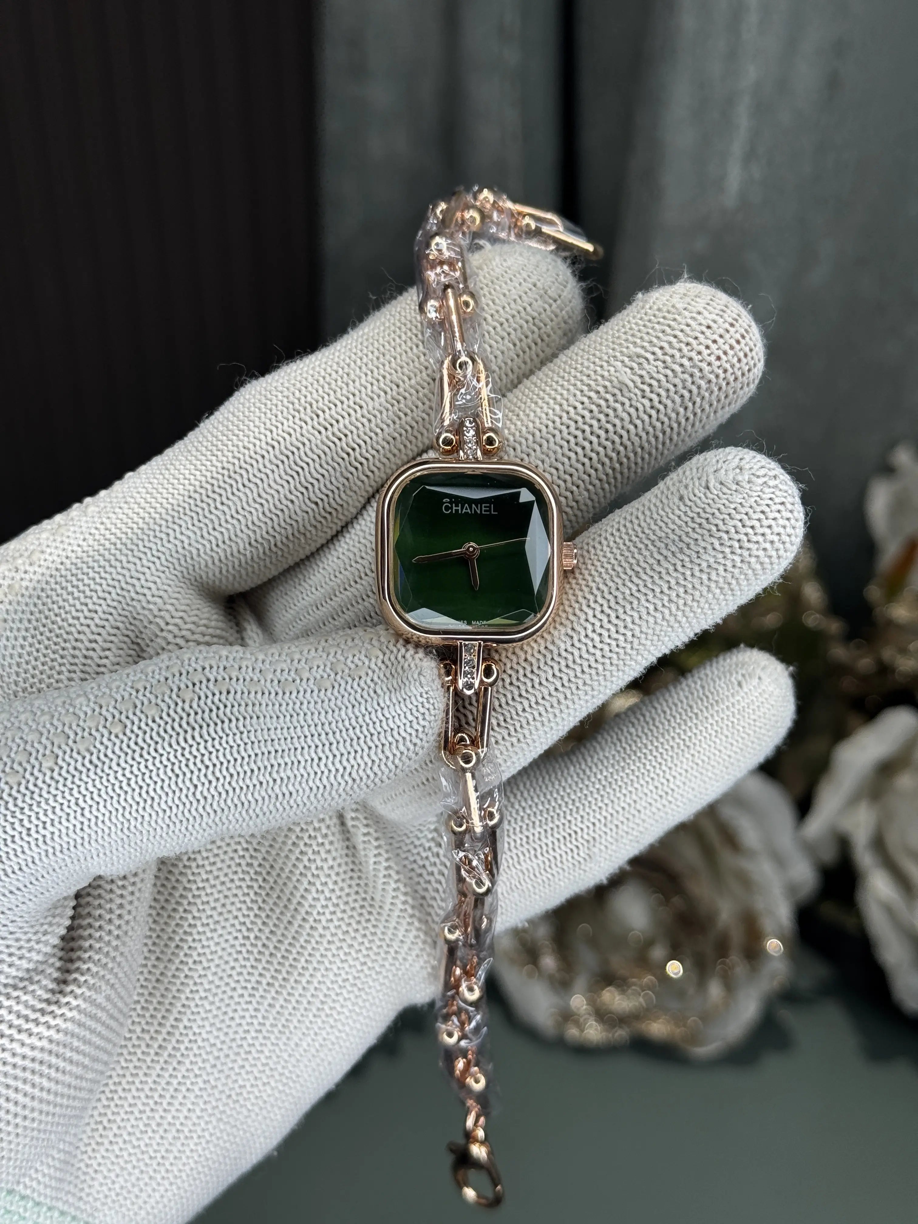 Chane l Diamond Cut Rose Gold Green Premium Ladies Watch