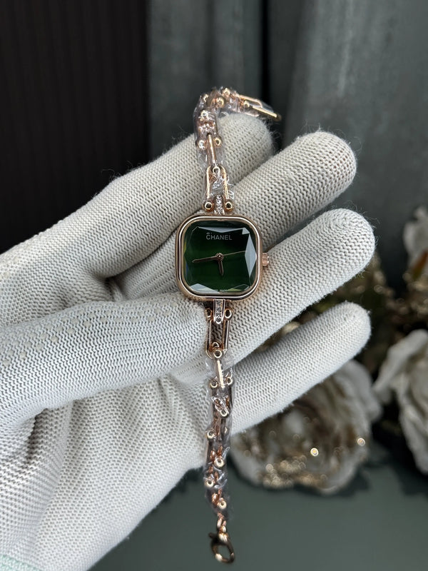 Chane l Diamond Cut Rose Gold Green Premium Ladies Watch