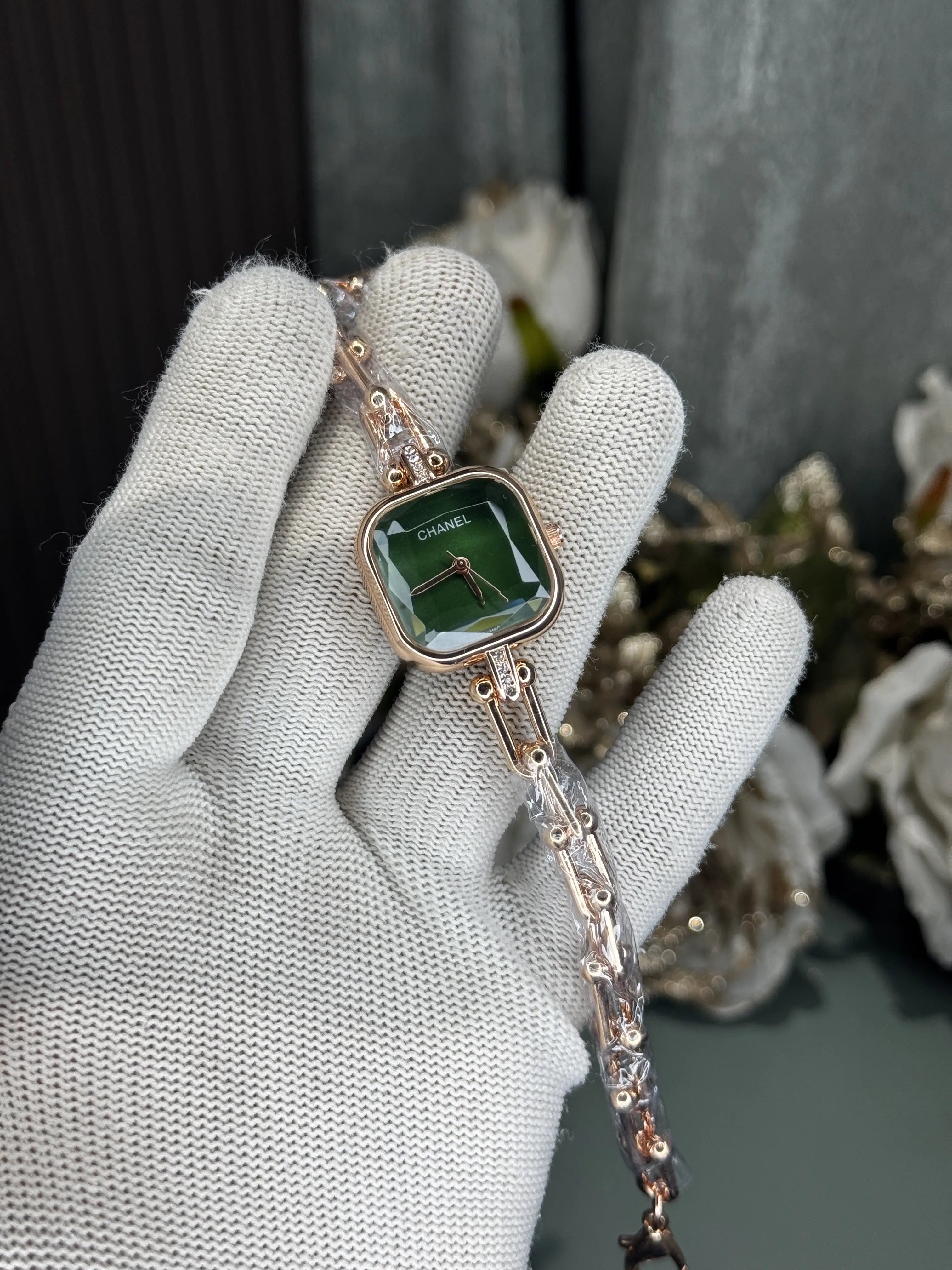 Chane l Diamond Cut Rose Gold Green Premium Ladies Watch