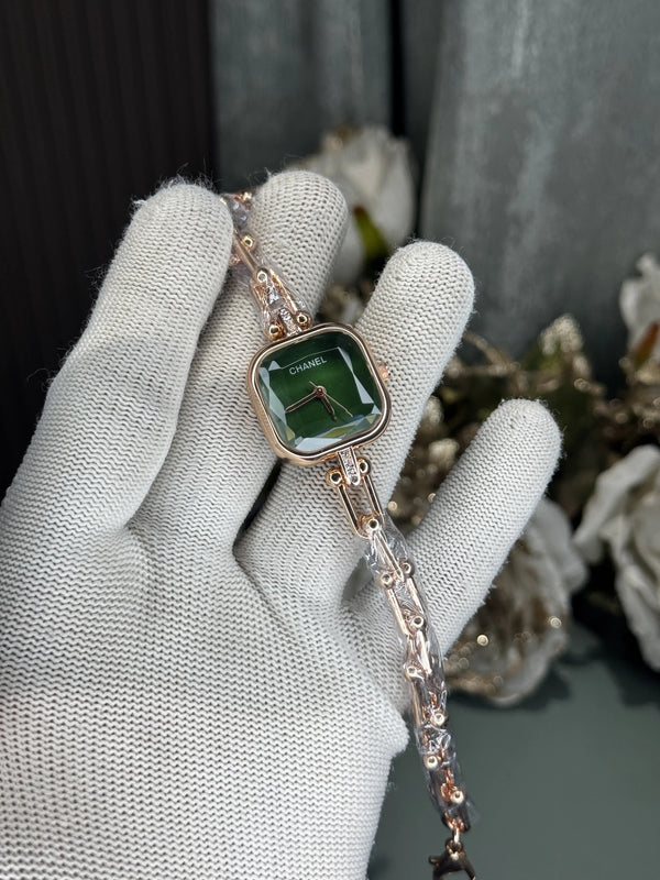 Chane l Diamond Cut Rose Gold Green Premium Ladies Watch