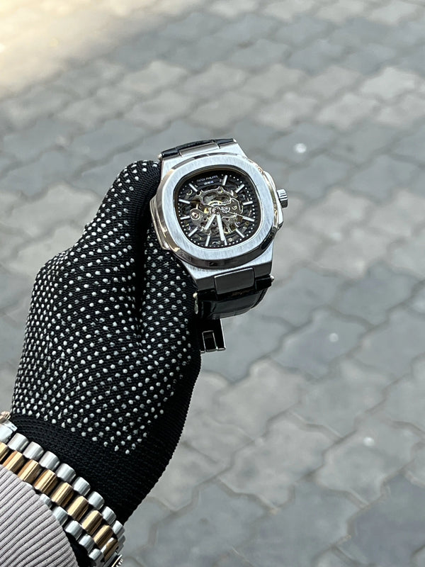Pate_k Phillipe Leather Belt Black Silver