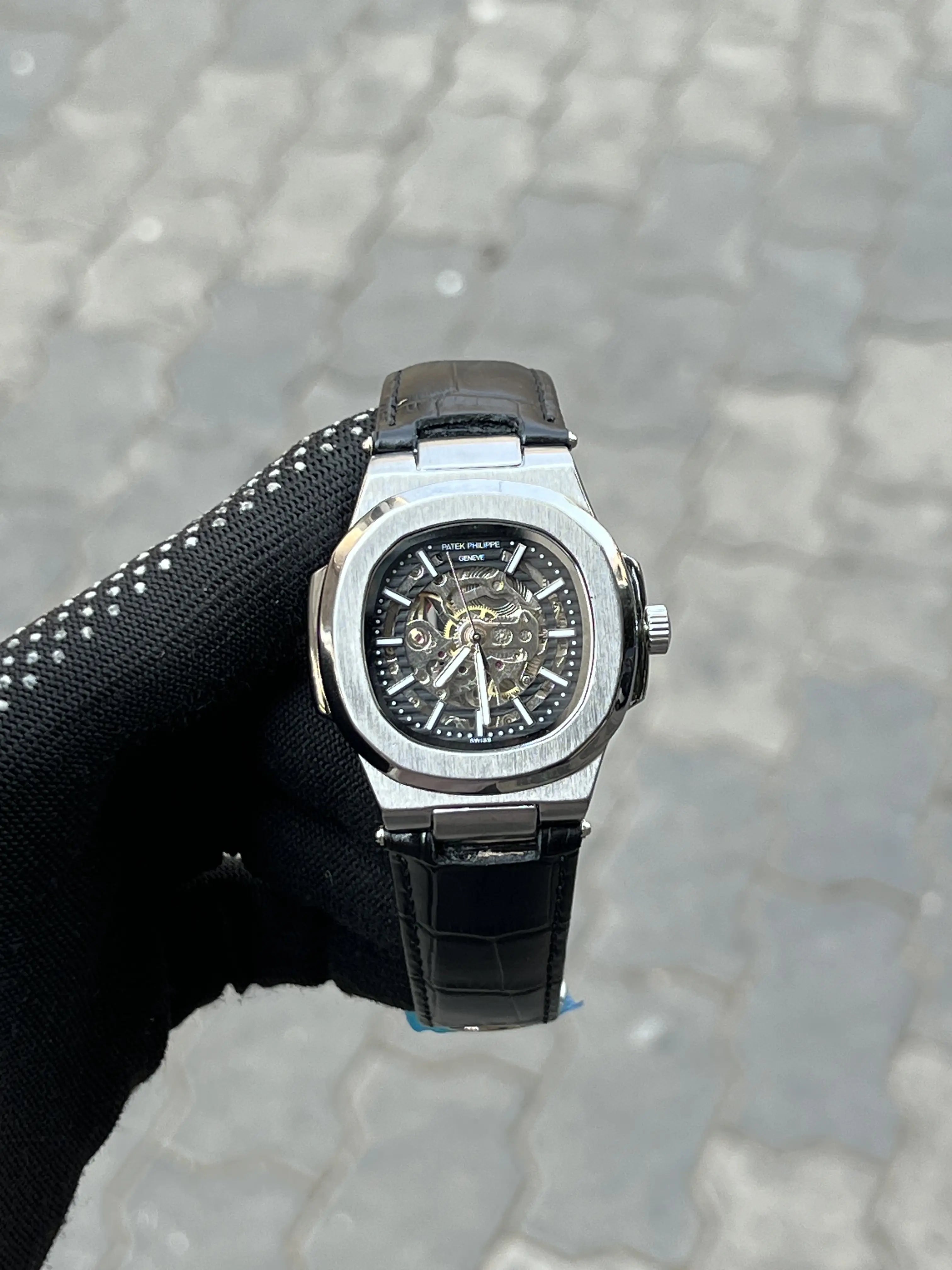 Pate_k Phillipe Leather Belt Black Silver