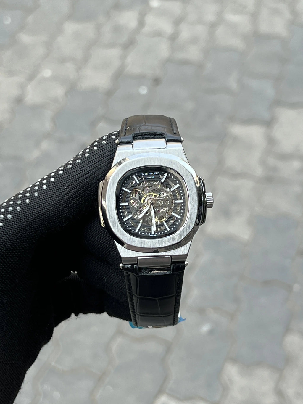 Pate_k Phillipe Leather Belt Black Silver