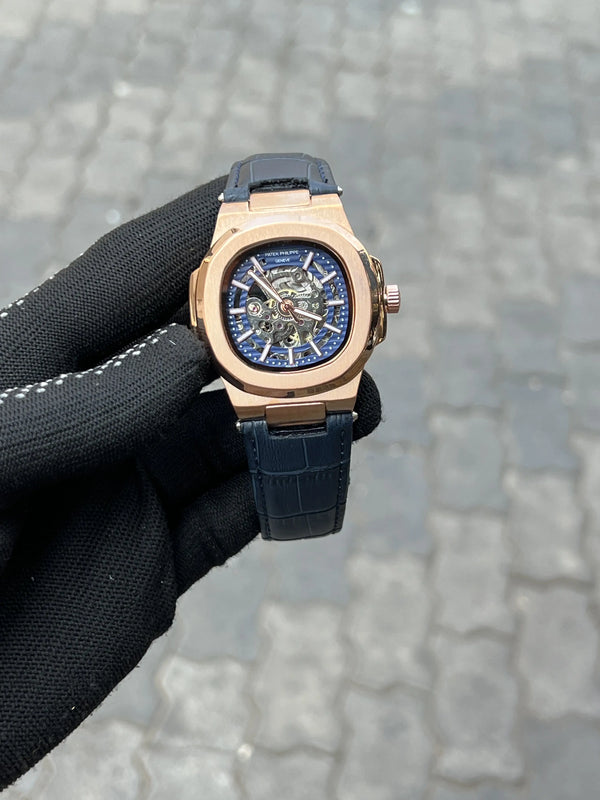 Pate_k Phillipe Leather Belt Rose Gold Blue
