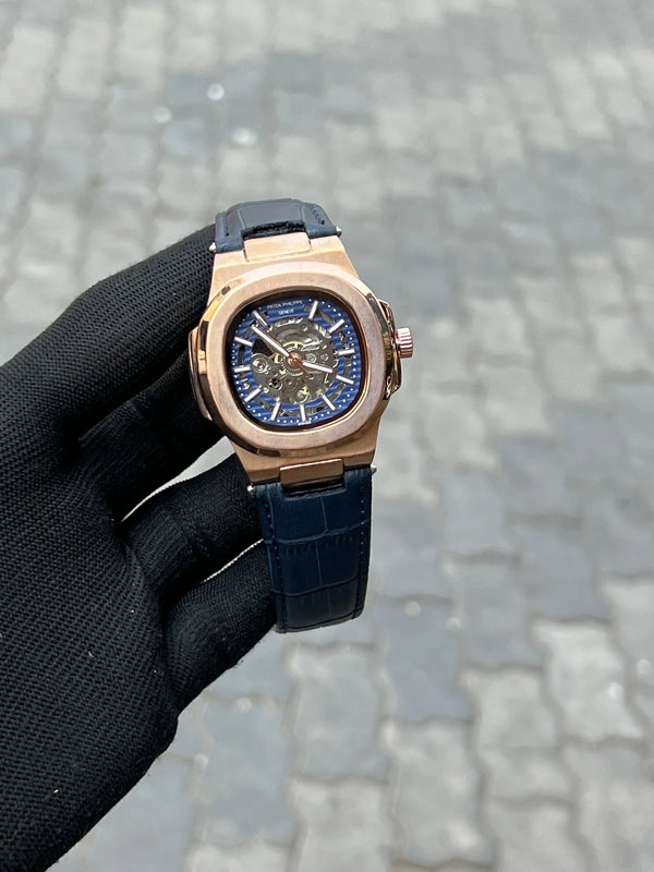 Pate_k Phillipe Leather Belt Rose Gold Blue