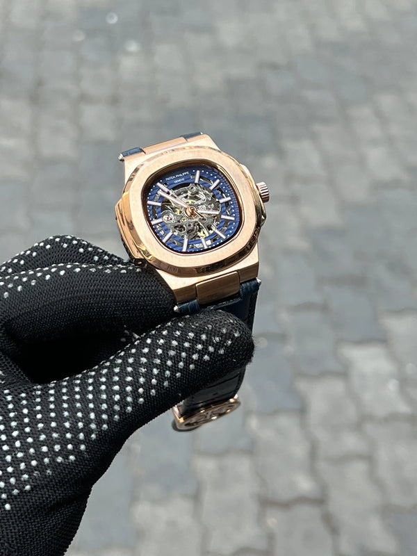 Pate_k Phillipe Leather Belt Rose Gold Blue