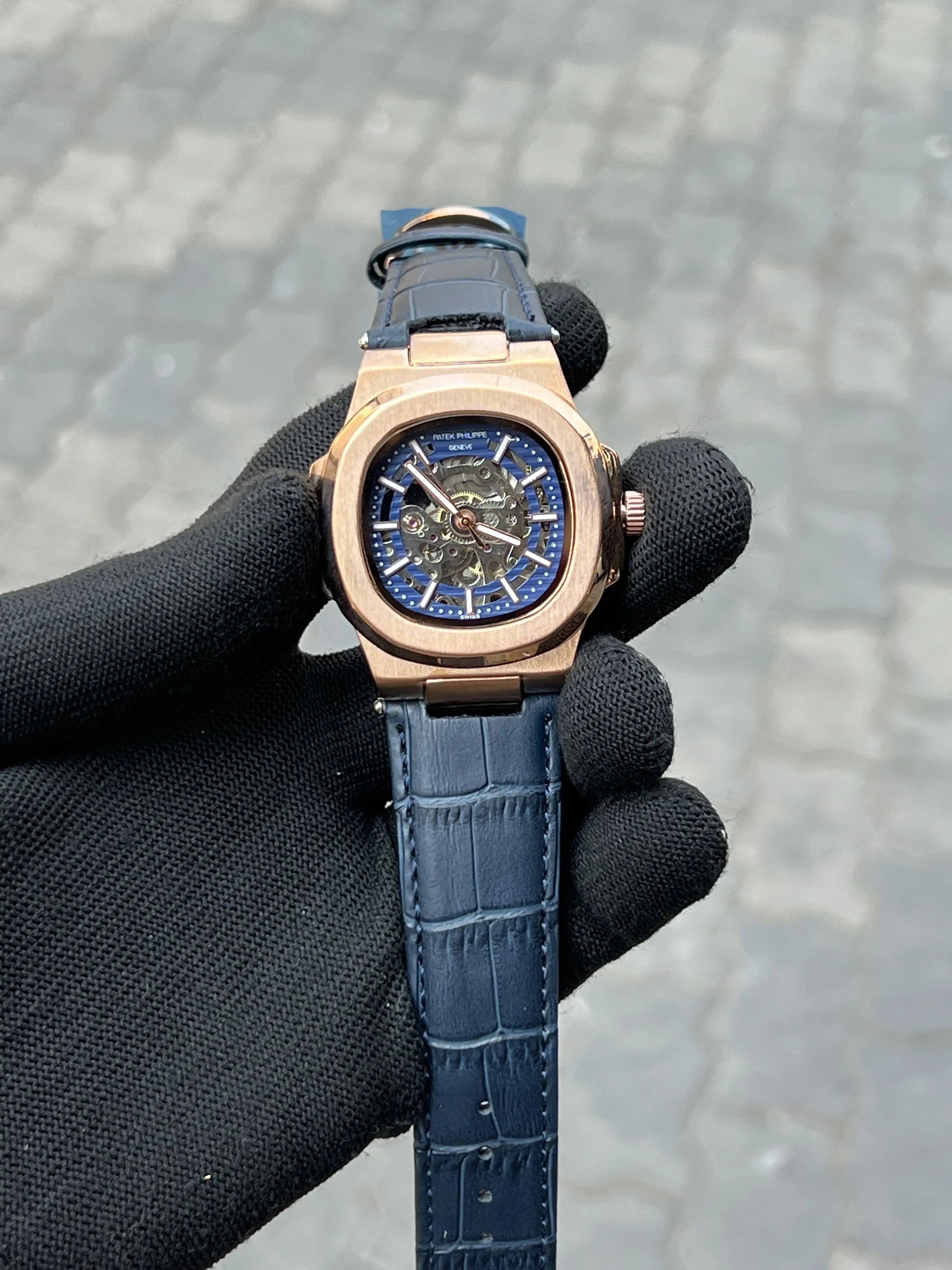 Pate_k Phillipe Leather Belt Rose Gold Blue