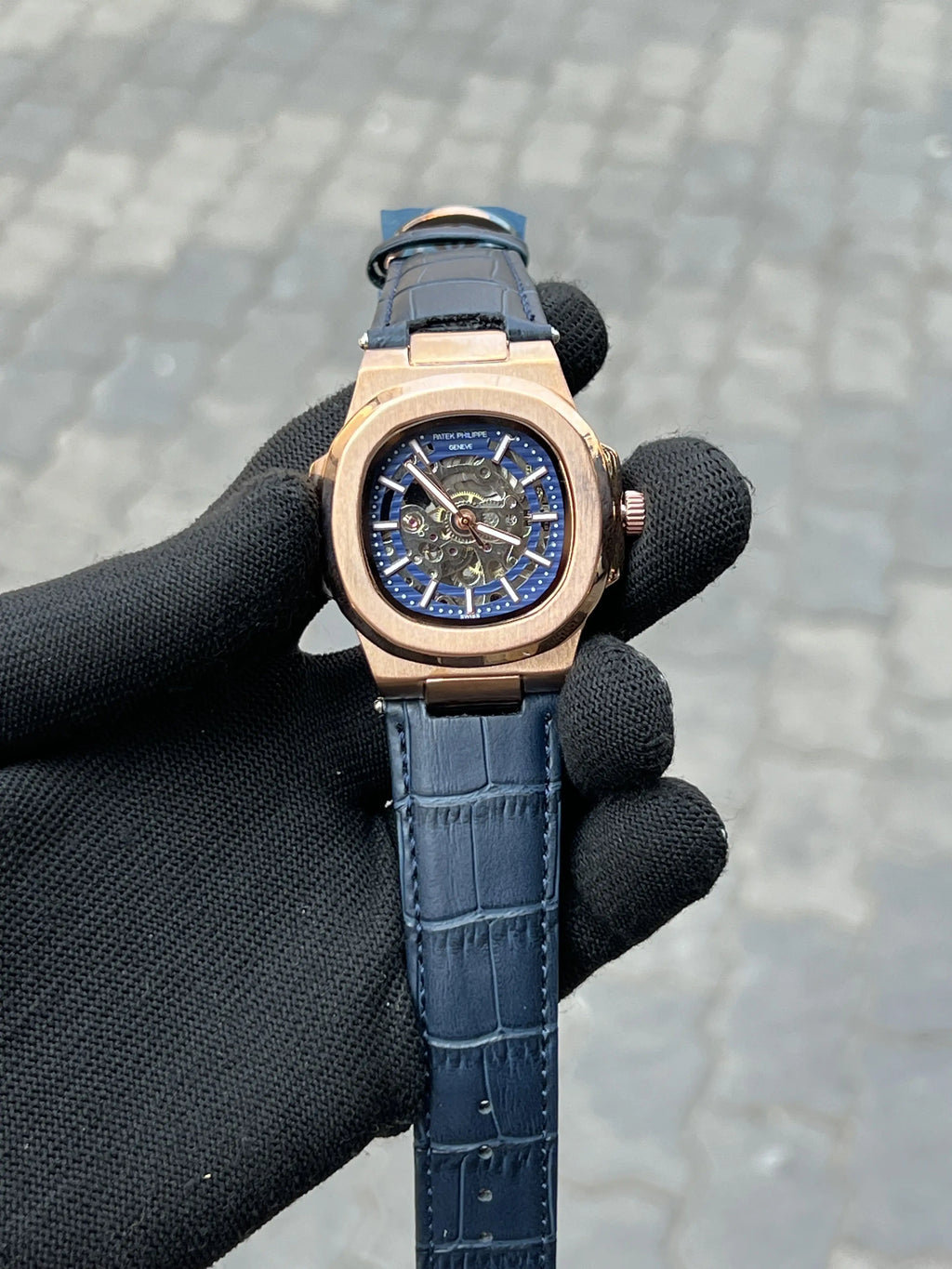 Pate_k Phillipe Leather Belt Rose Gold Blue