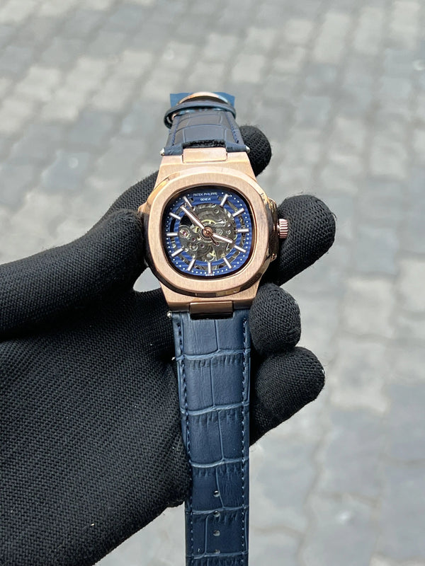 Pate_k Phillipe Leather Belt Rose Gold Blue