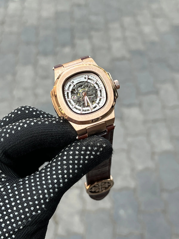 Pate_k Phillipe Leather Belt Automatic Brown Gold White