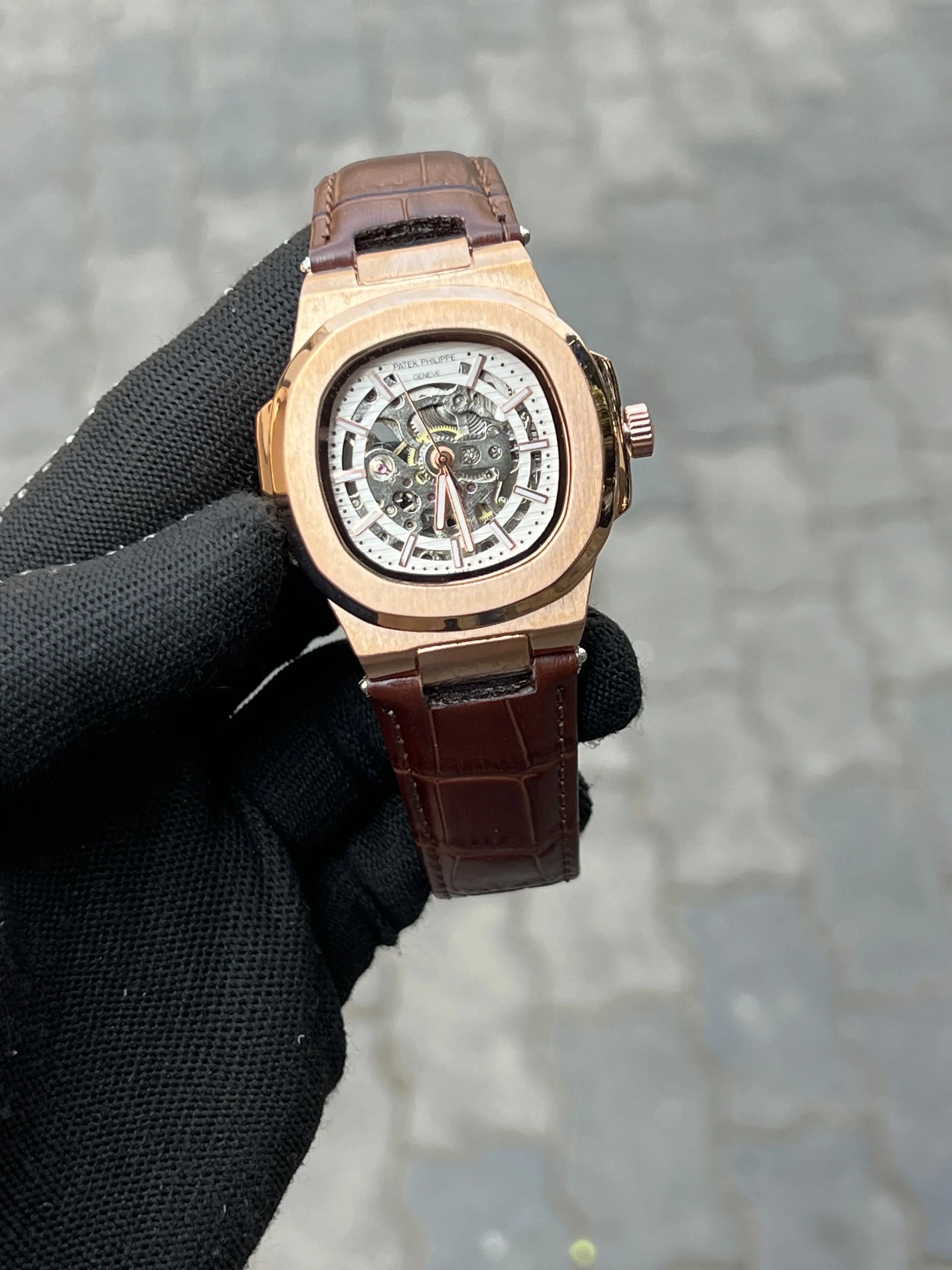 Pate_k Phillipe Leather Belt Automatic Brown Gold White