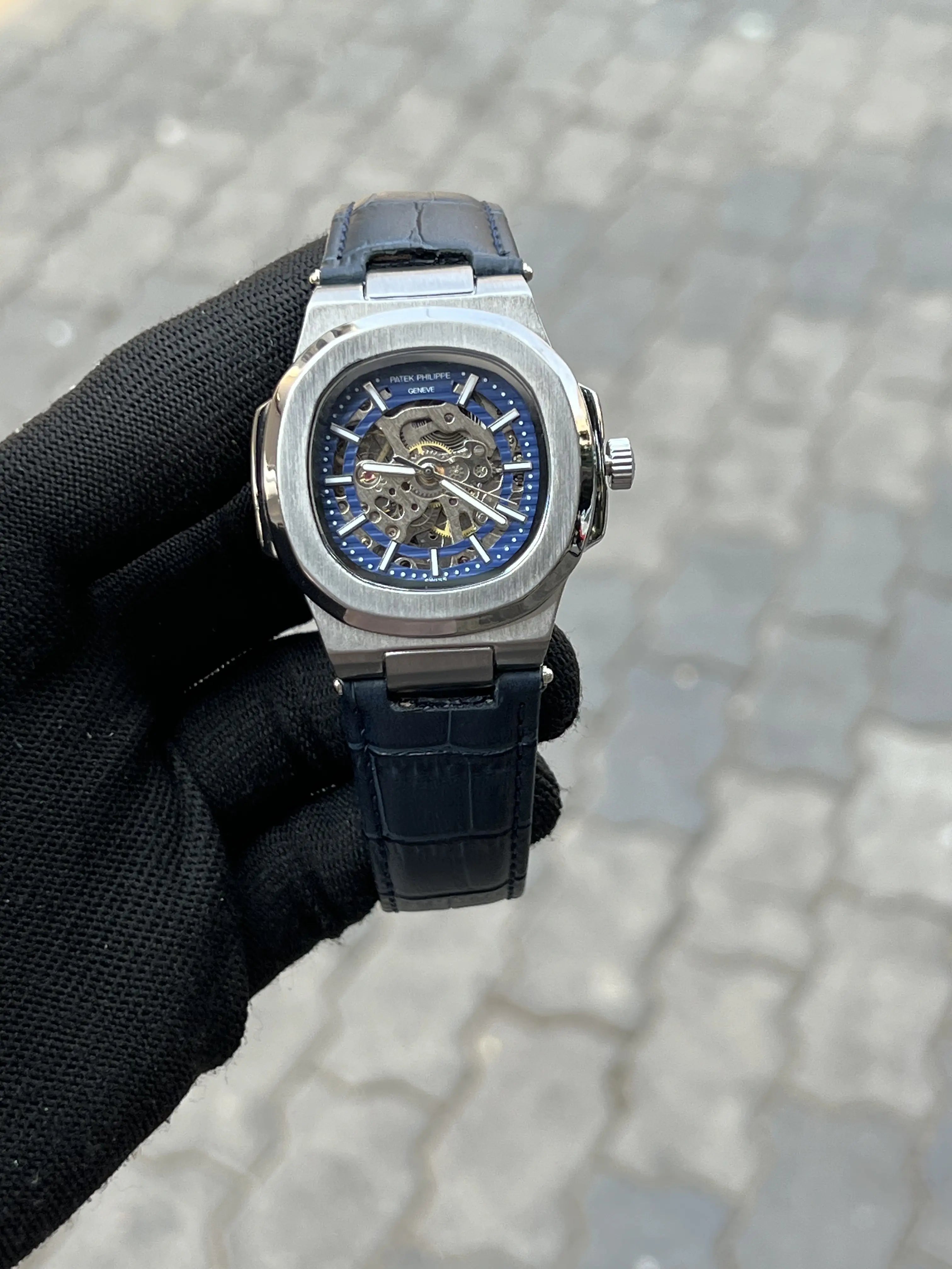 Pate_k Phillipe Automatic Leather Blue Silver