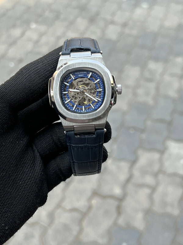 Pate_k Phillipe Automatic Leather Blue Silver