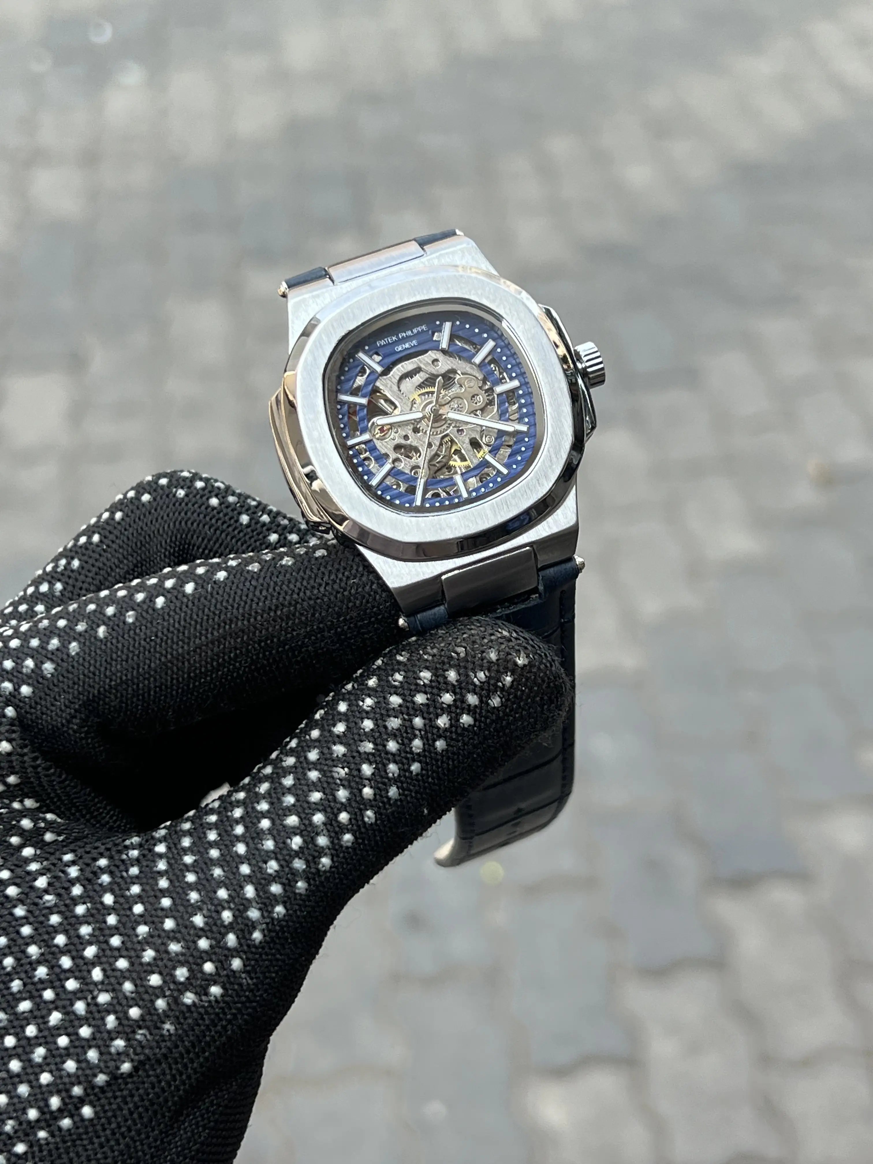 Pate_k Phillipe Automatic Leather Blue Silver