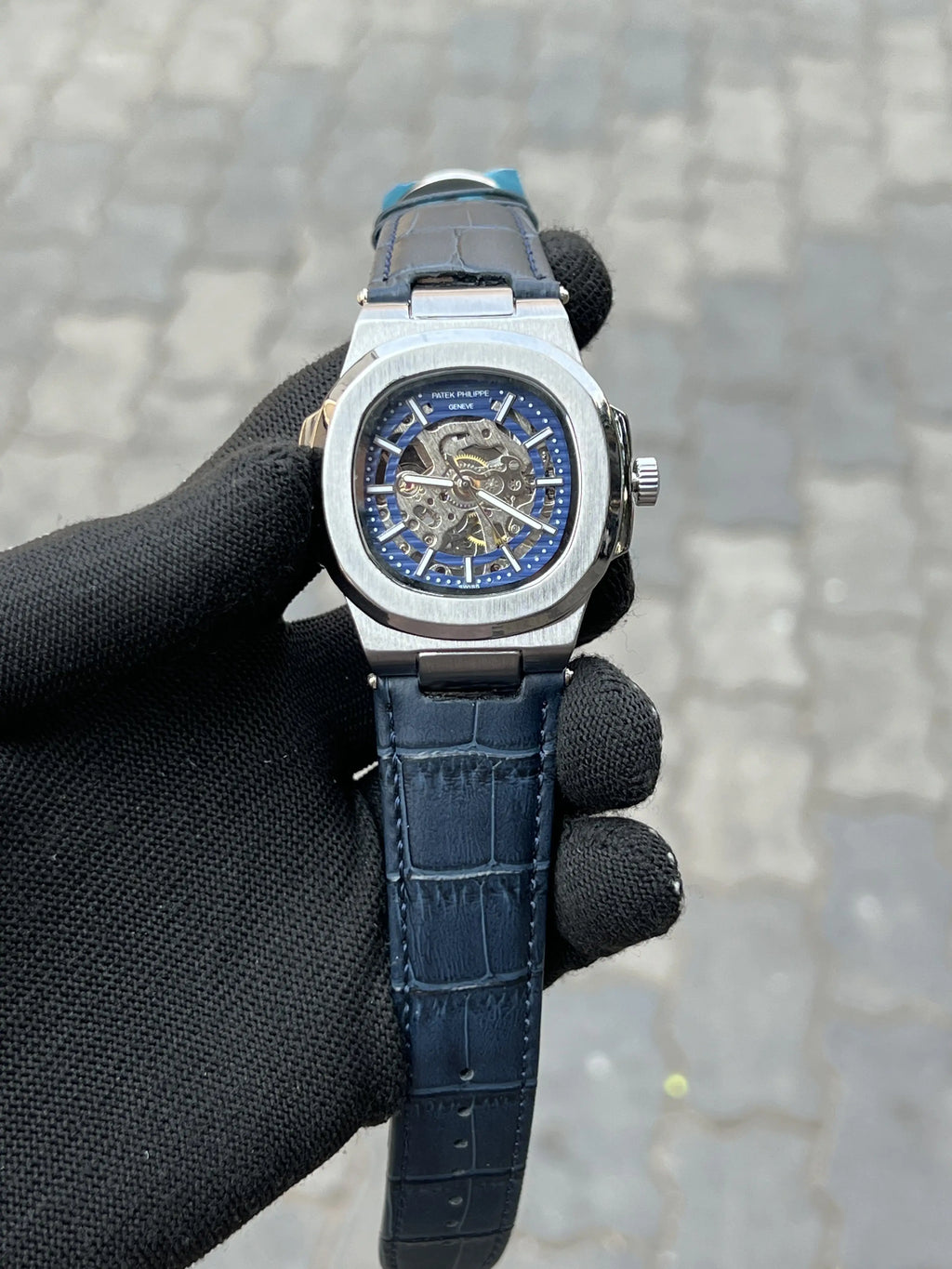 Pate_k Phillipe Automatic Leather Blue Silver