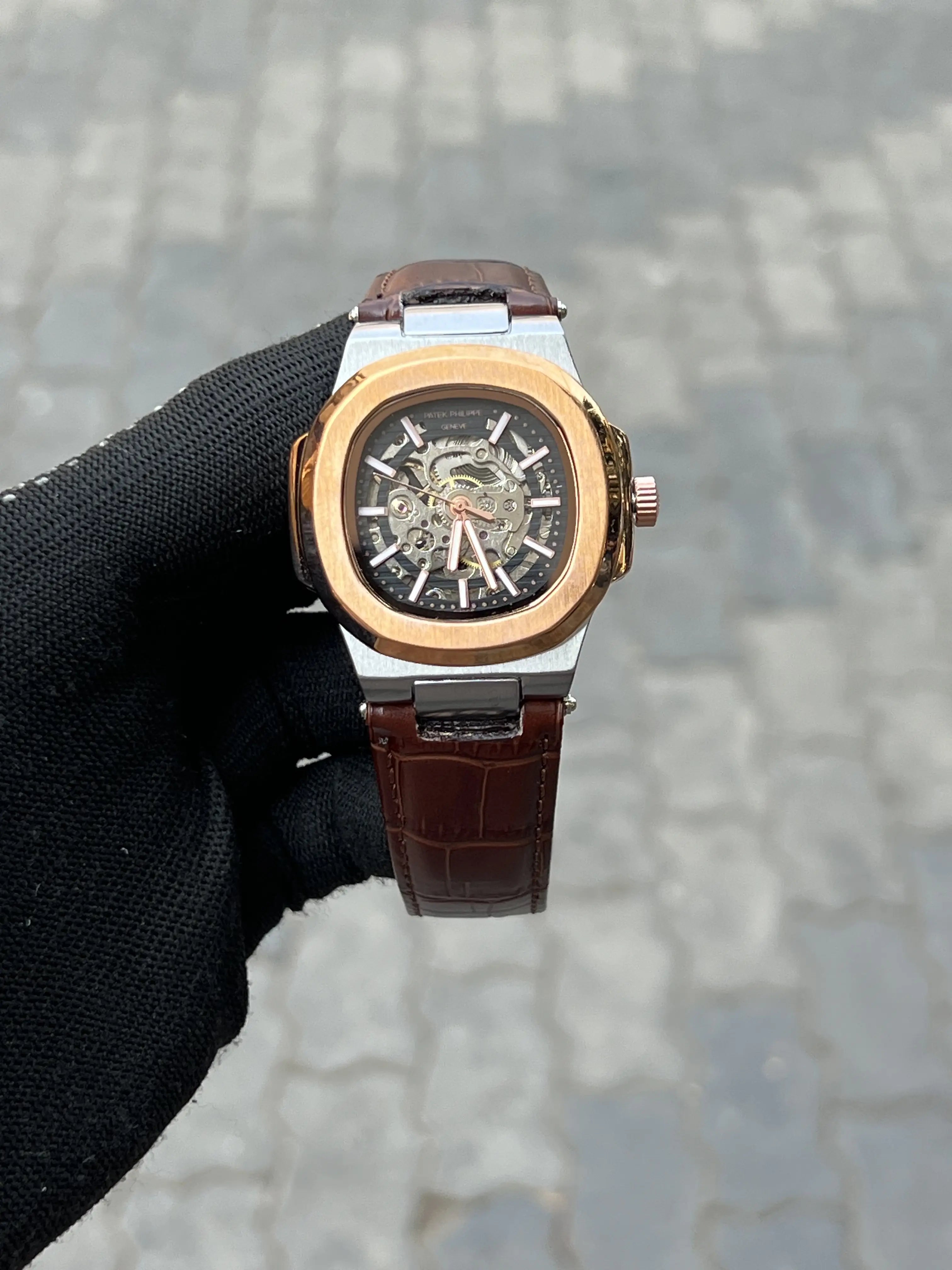 Pate_k Phillipe Automatic Leather Brown Rose Silver