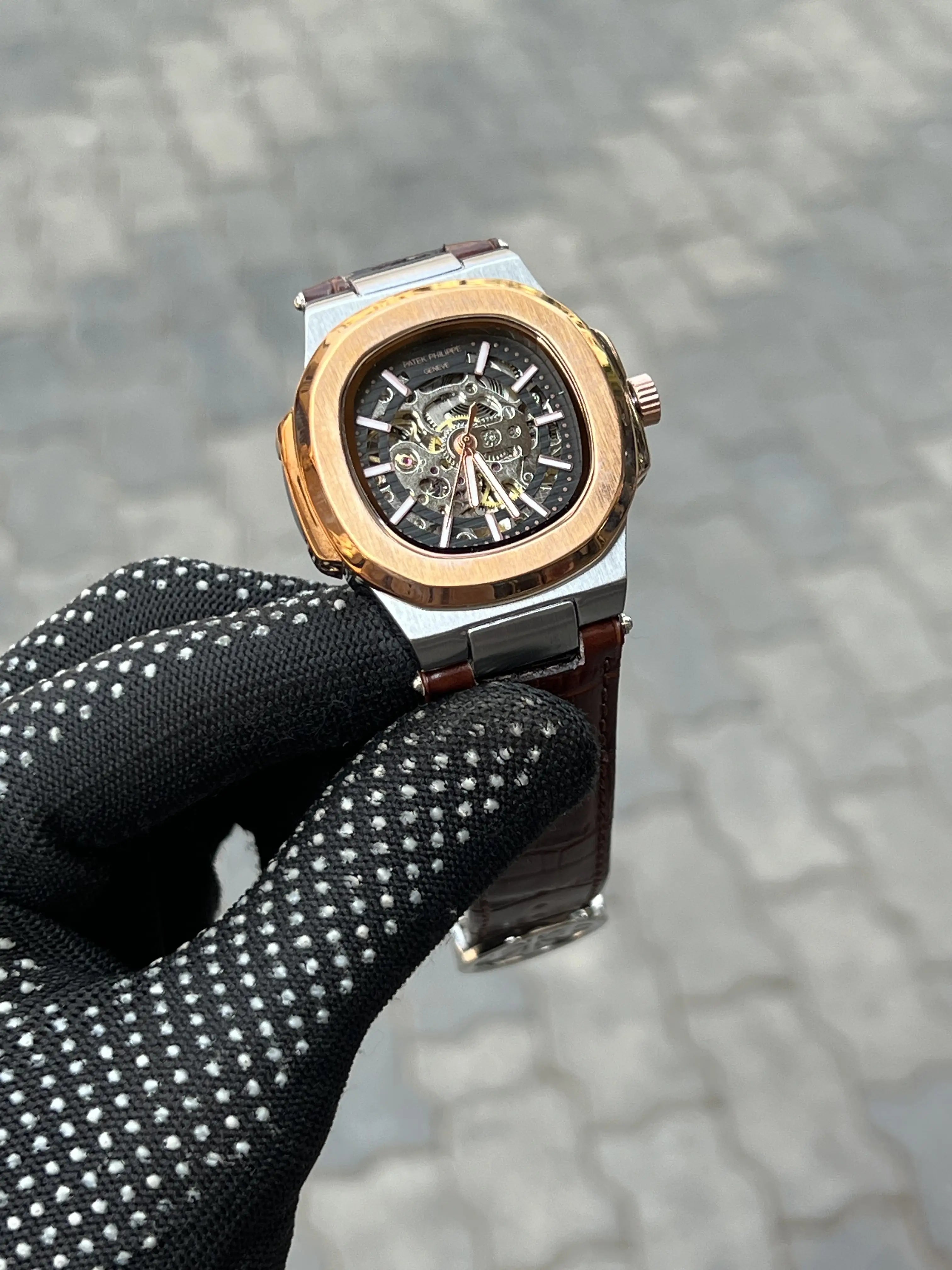 Pate_k Phillipe Automatic Leather Brown Rose Silver