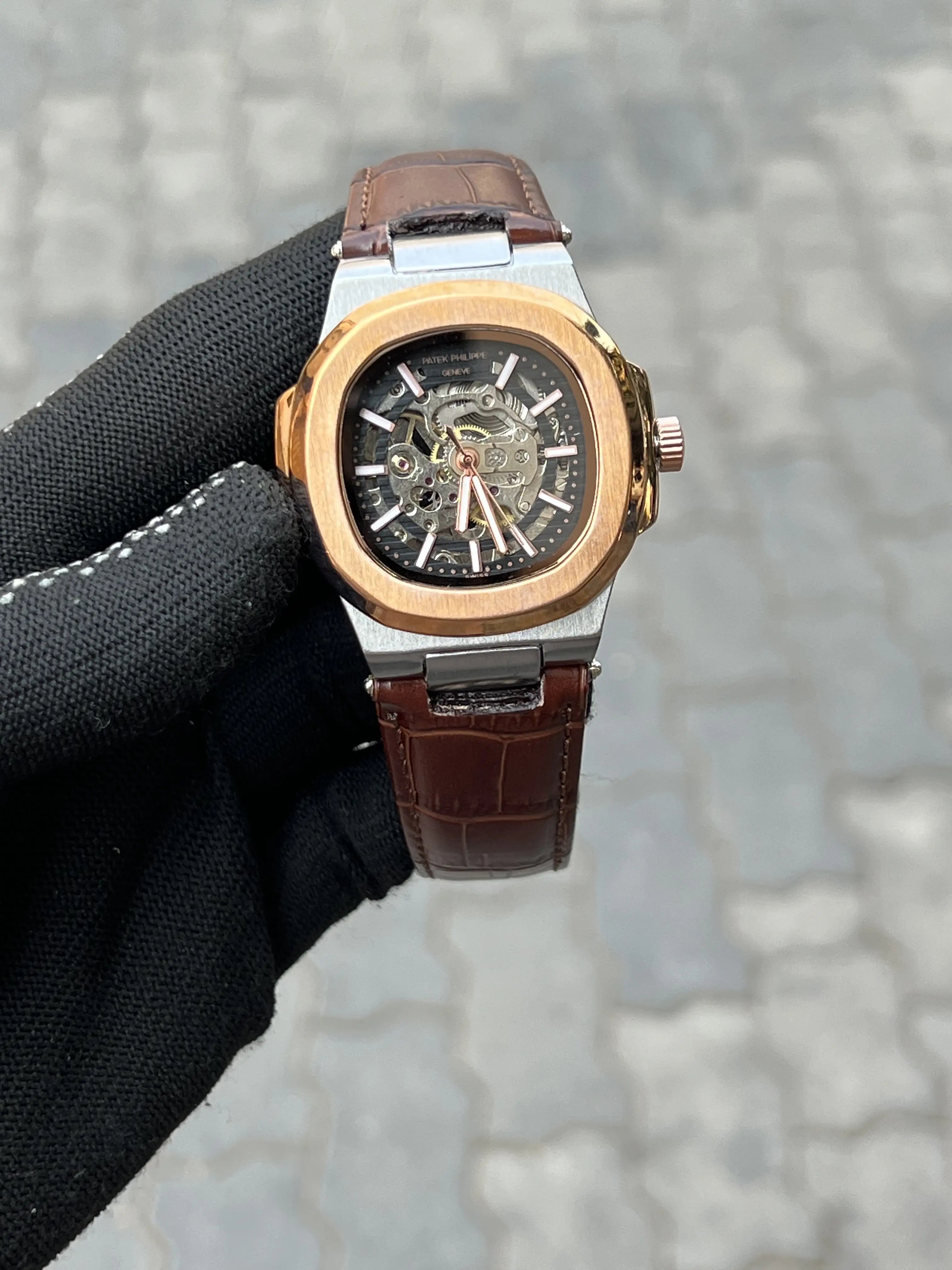 Pate_k Phillipe Automatic Leather Brown Rose Silver