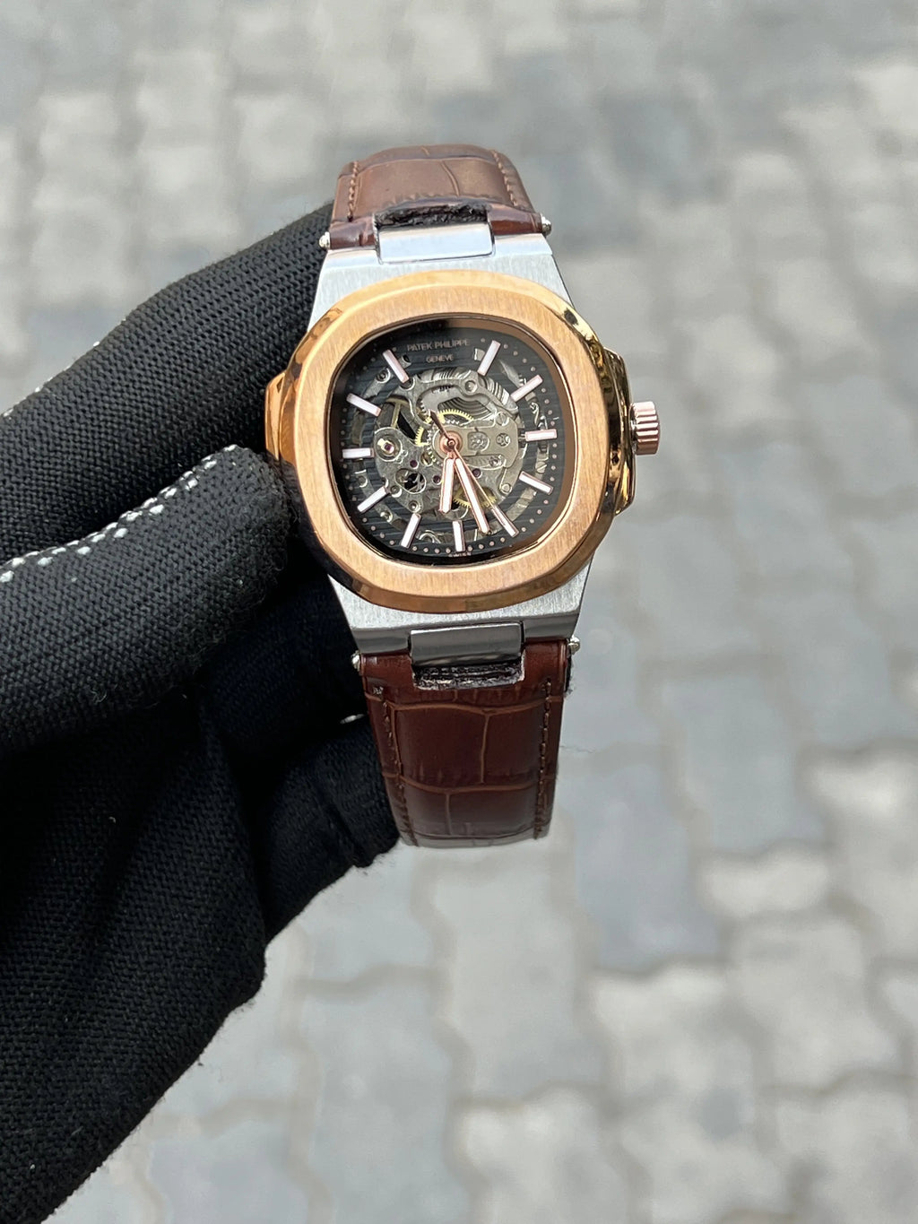 Pate_k Phillipe Automatic Leather Brown Rose Silver