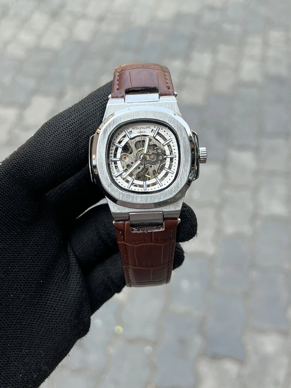 Pate_k Phillipe Automatic Leather Brown Silver