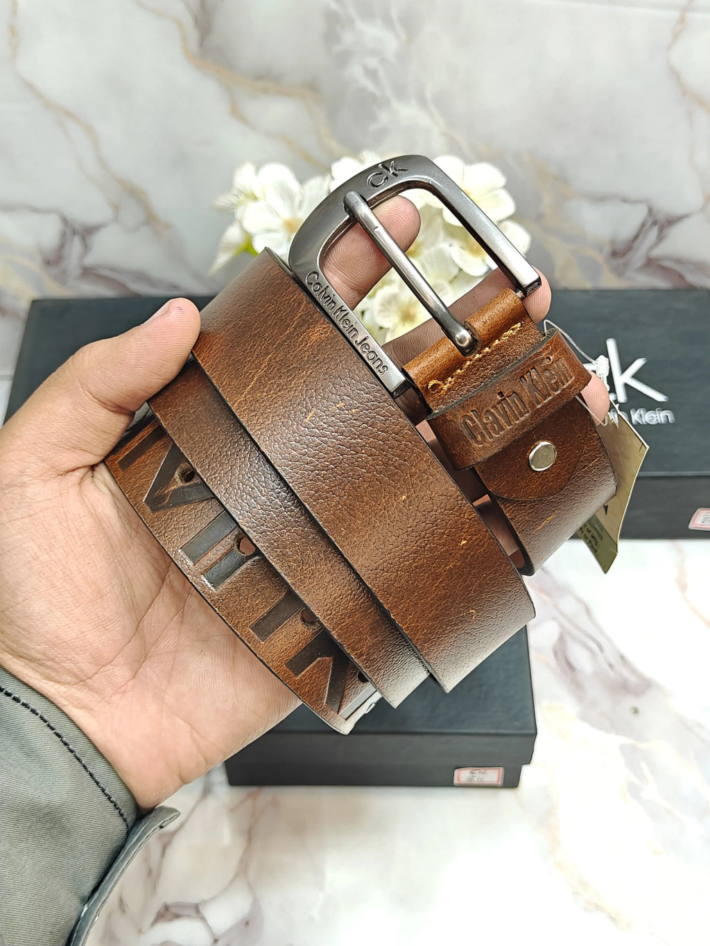CK CALVIN KLEIN PREMIUM QUALITY IMP 💯 LEATHER BELT WITH OG BOX