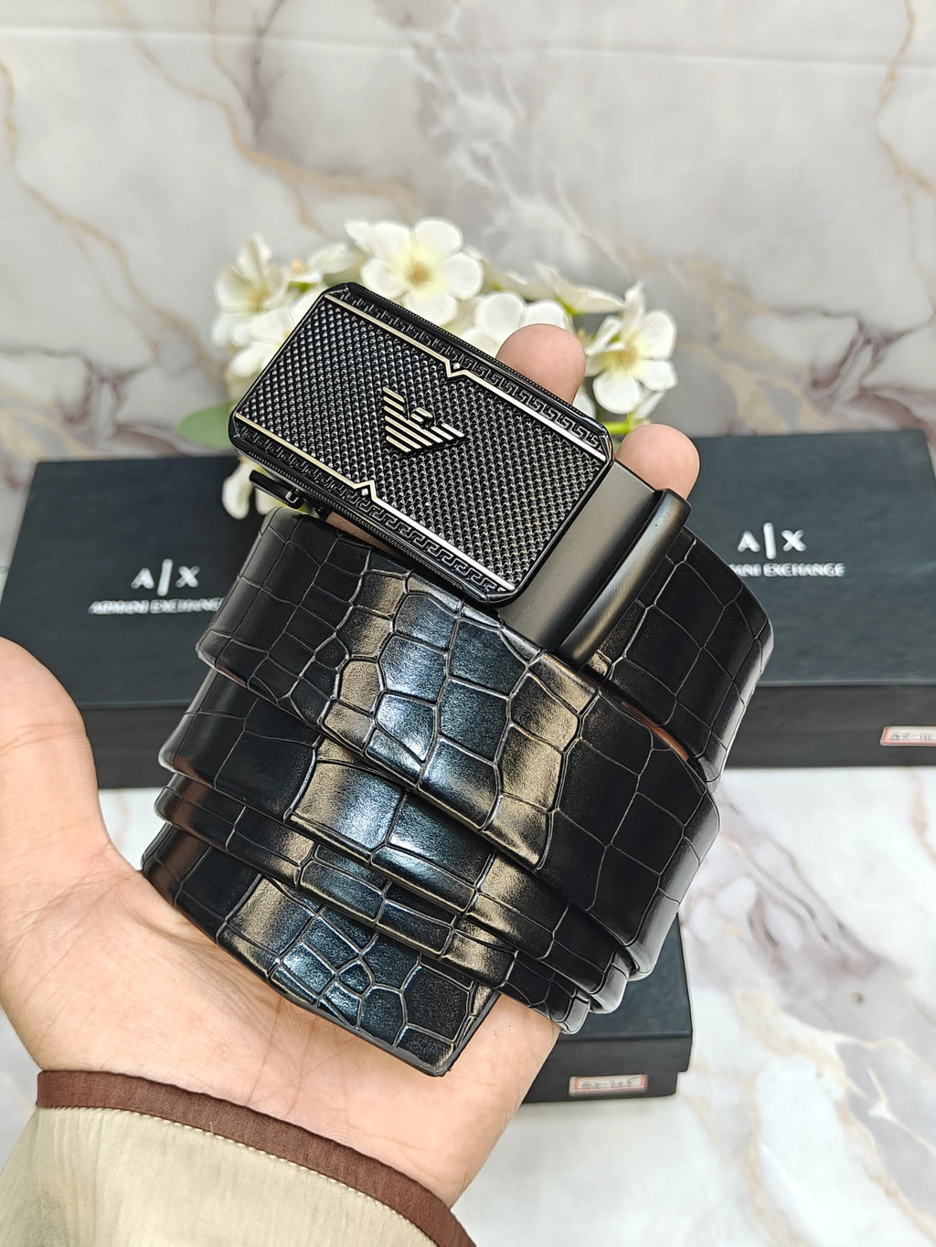 AX ARMANI EXCHANGE PREMIUM QUALITY AUTOLOCK BELT WITH CROCODILE STRIP & OG BOX