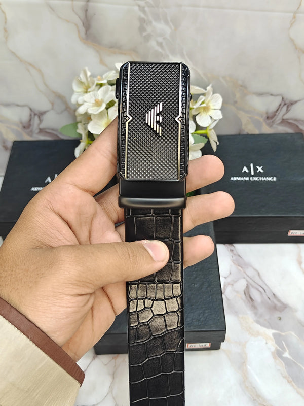 AX ARMANI EXCHANGE PREMIUM QUALITY AUTOLOCK BELT WITH CROCODILE STRIP & OG BOX