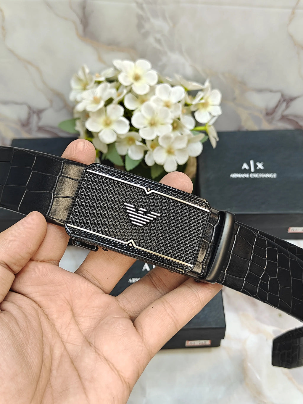 AX ARMANI EXCHANGE PREMIUM QUALITY AUTOLOCK BELT WITH CROCODILE STRIP & OG BOX
