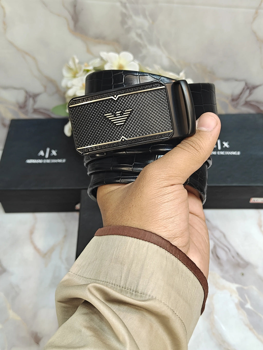 AX ARMANI EXCHANGE PREMIUM QUALITY AUTOLOCK BELT WITH CROCODILE STRIP & OG BOX