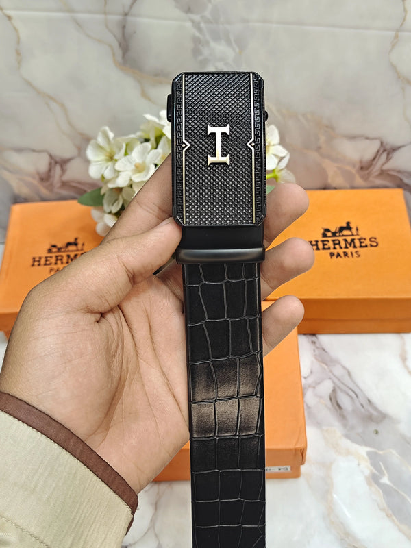 HERMES PREMIUM QUALITY AUTOLOCK BELT WITH CROCODILE STRIP & OG BOX H-407