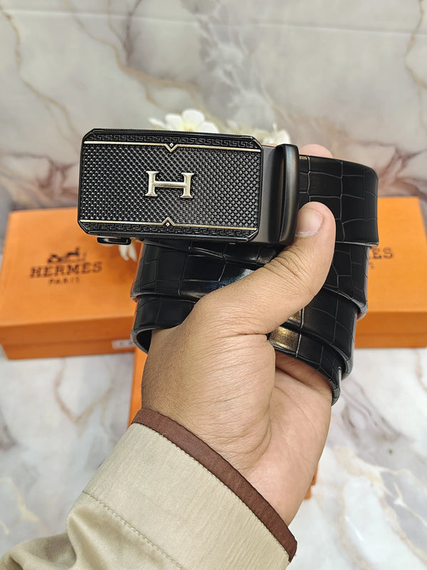 HERMES PREMIUM QUALITY AUTOLOCK BELT WITH CROCODILE STRIP & OG BOX H-407