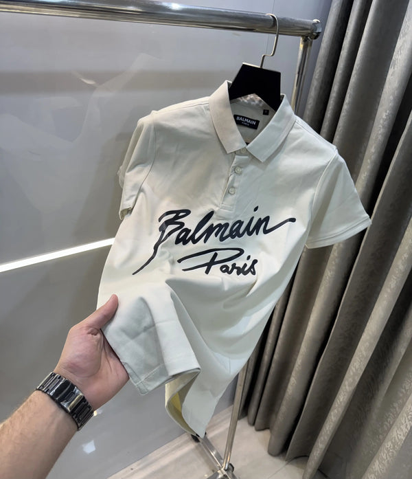 Balmai n Paris Cream Logo Work Imported Polo T-Shirt