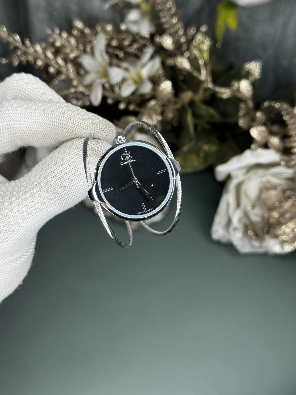 Calvin Klein Bangle Silver Black Ladies Premium Watch