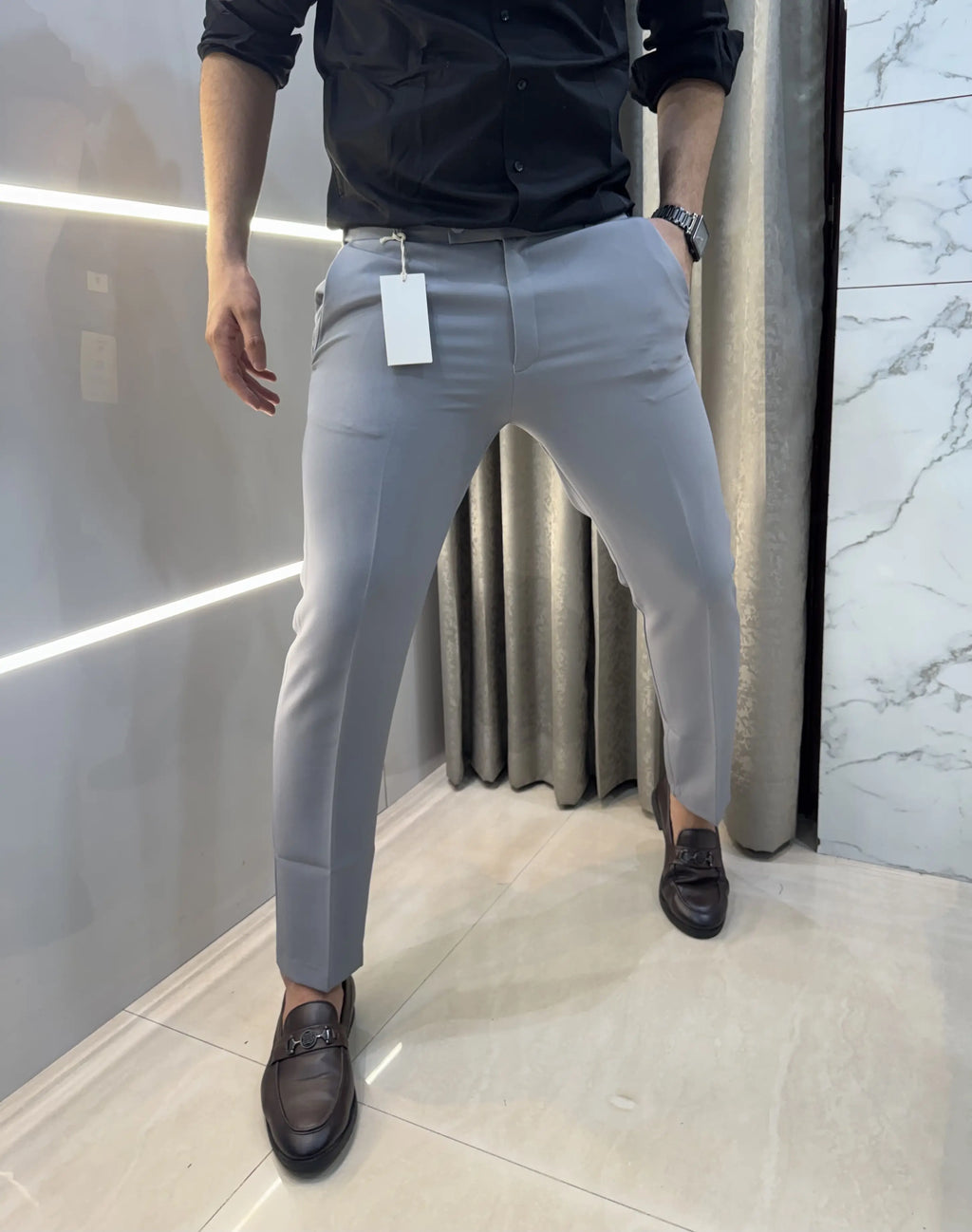 Gant Light Grey Premium Imported Belt Strech Trouser
