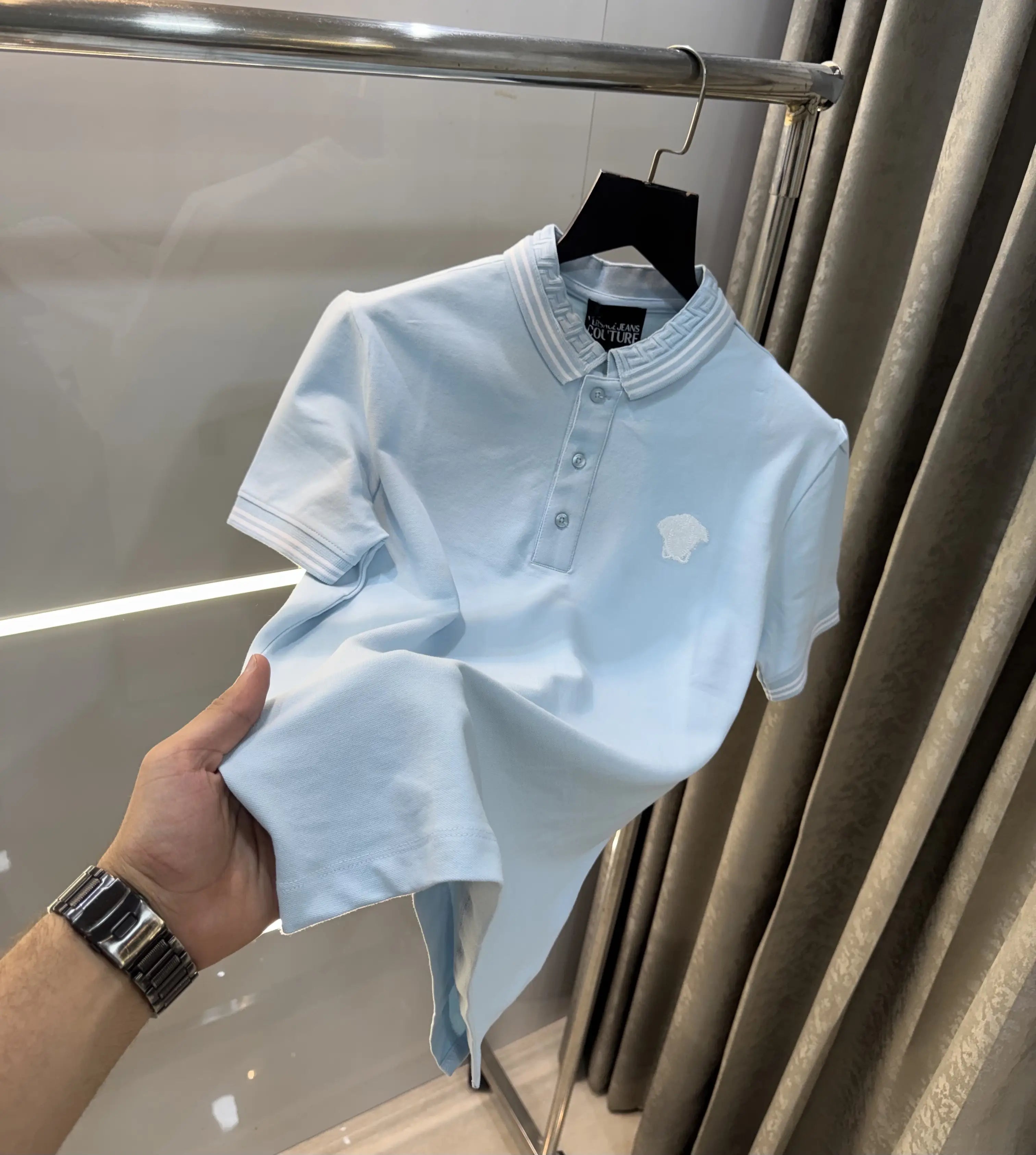 Versace Couture Sky Blue Collar Logo Imported Polo T-Shirt