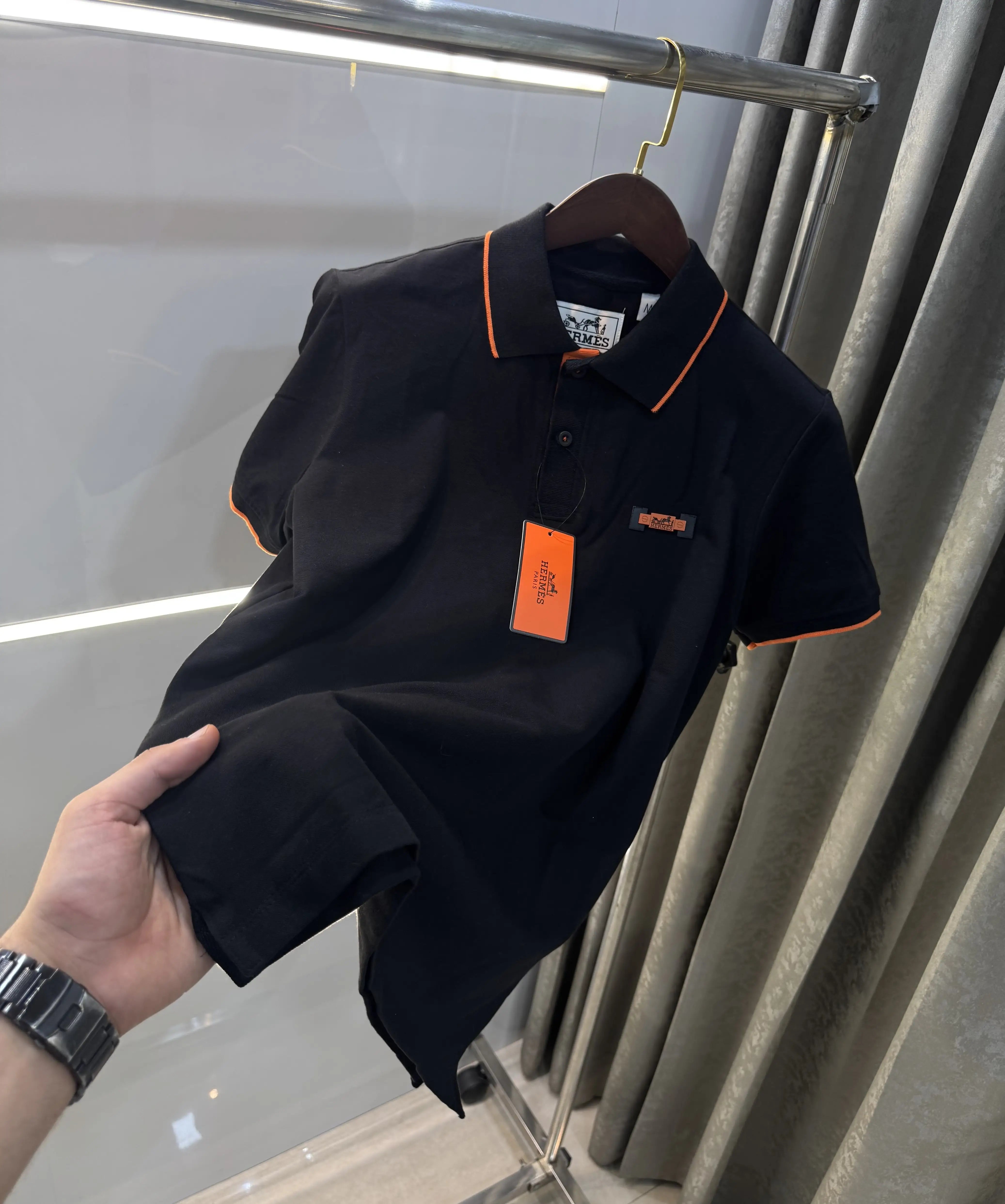 Hermes Black Embroidery Logo Premium Polo T-Shirt Secondary image