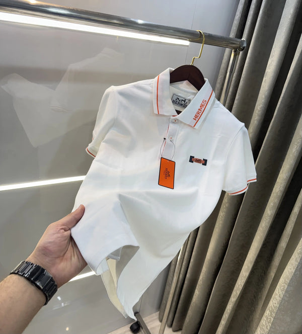 Hermes White Embroidery Logo Premium Polo T-Shirt