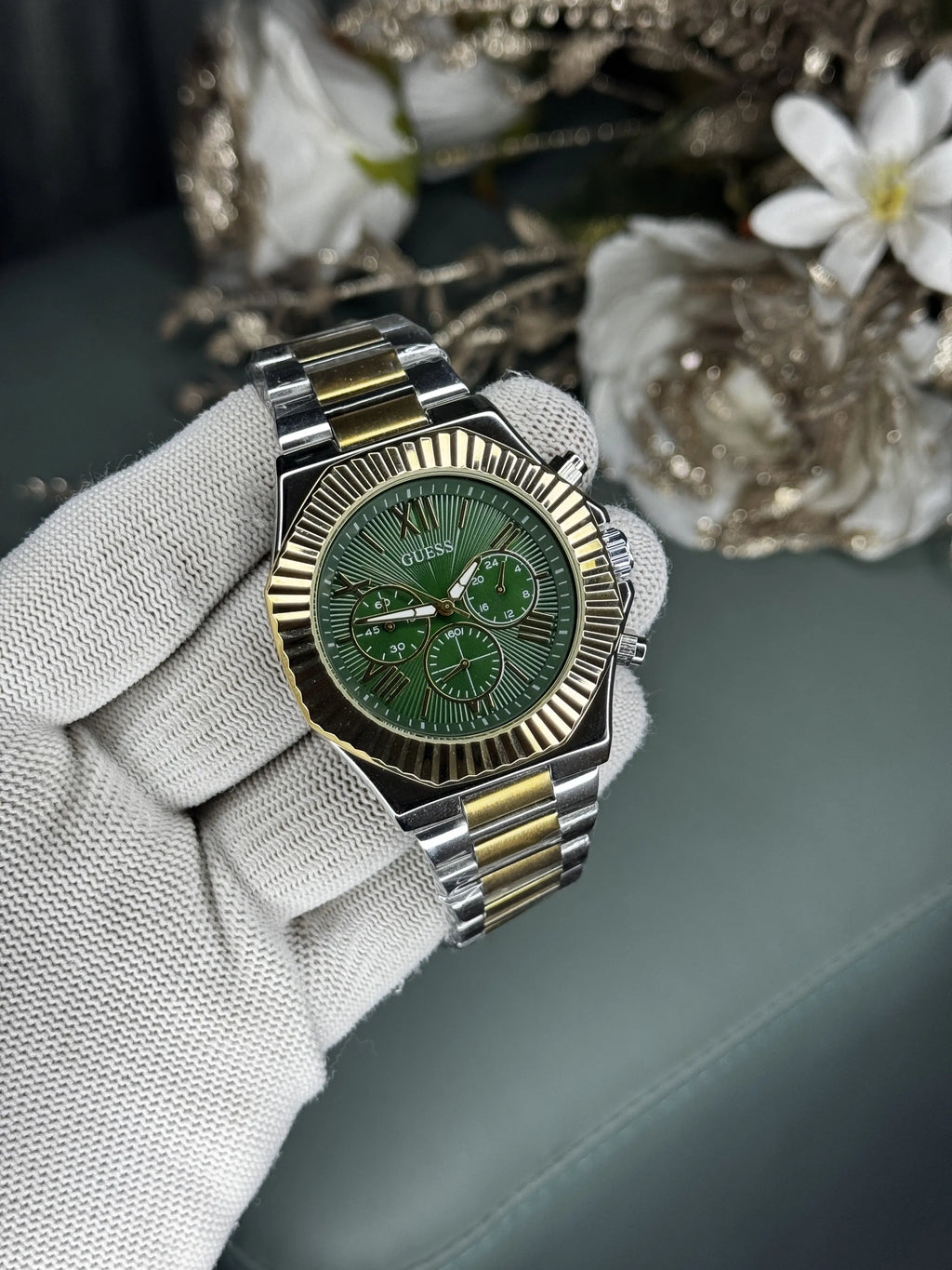 Gues s Eqaulity Dual Tone Green Premium Chronograph Watch