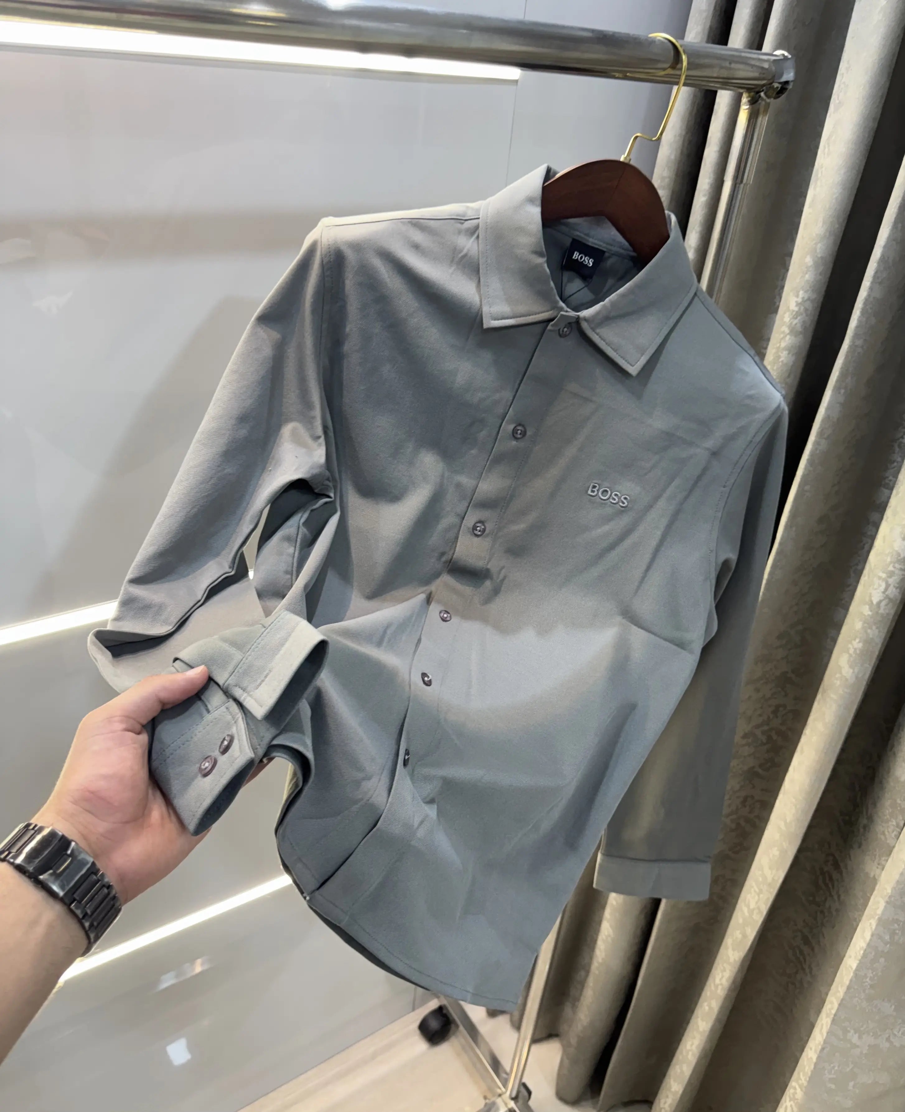 Hugo Bos s Grey Embroidery Logo Imported Shirt