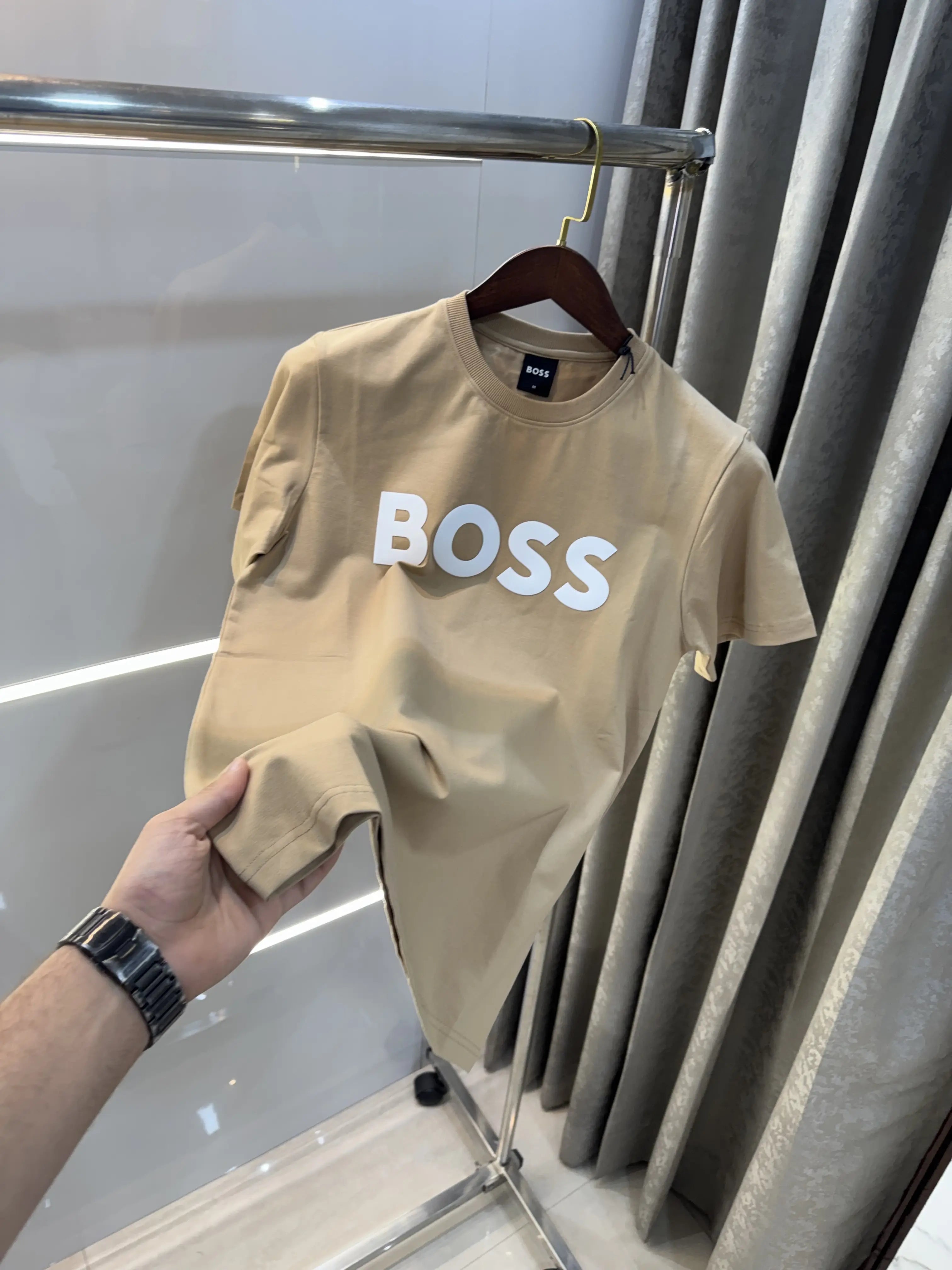 Hugo Bos s Beige Logo Print Premium T-Shirt
