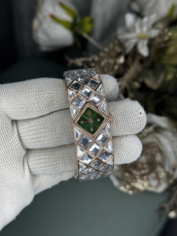 Swarovsk i Bangle Dual Tone Green Dial Premium Watch
