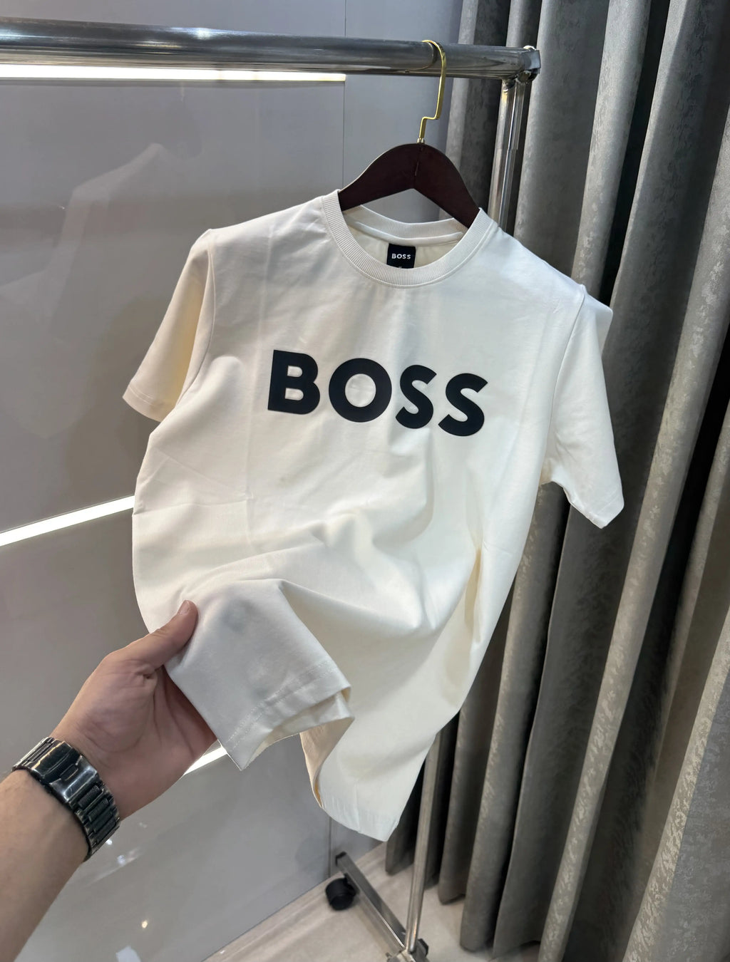 Hugo Bos s Cream Logo Print Premium T-Shirt