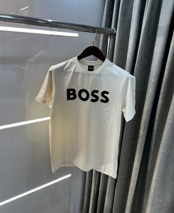 Hugo Bos s Cream Logo Print Premium T-Shirt