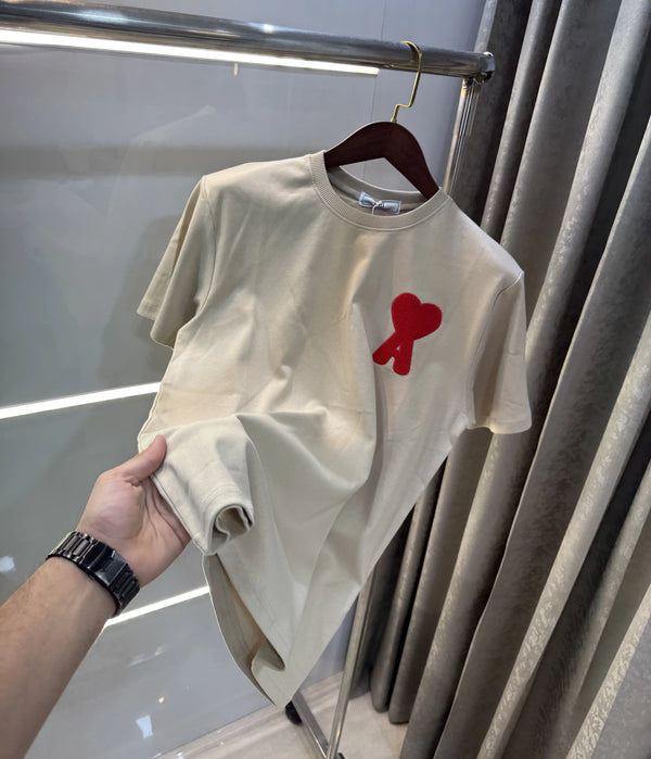 Ami Paris Cream Embroidery Logo Premium T-Shirt
