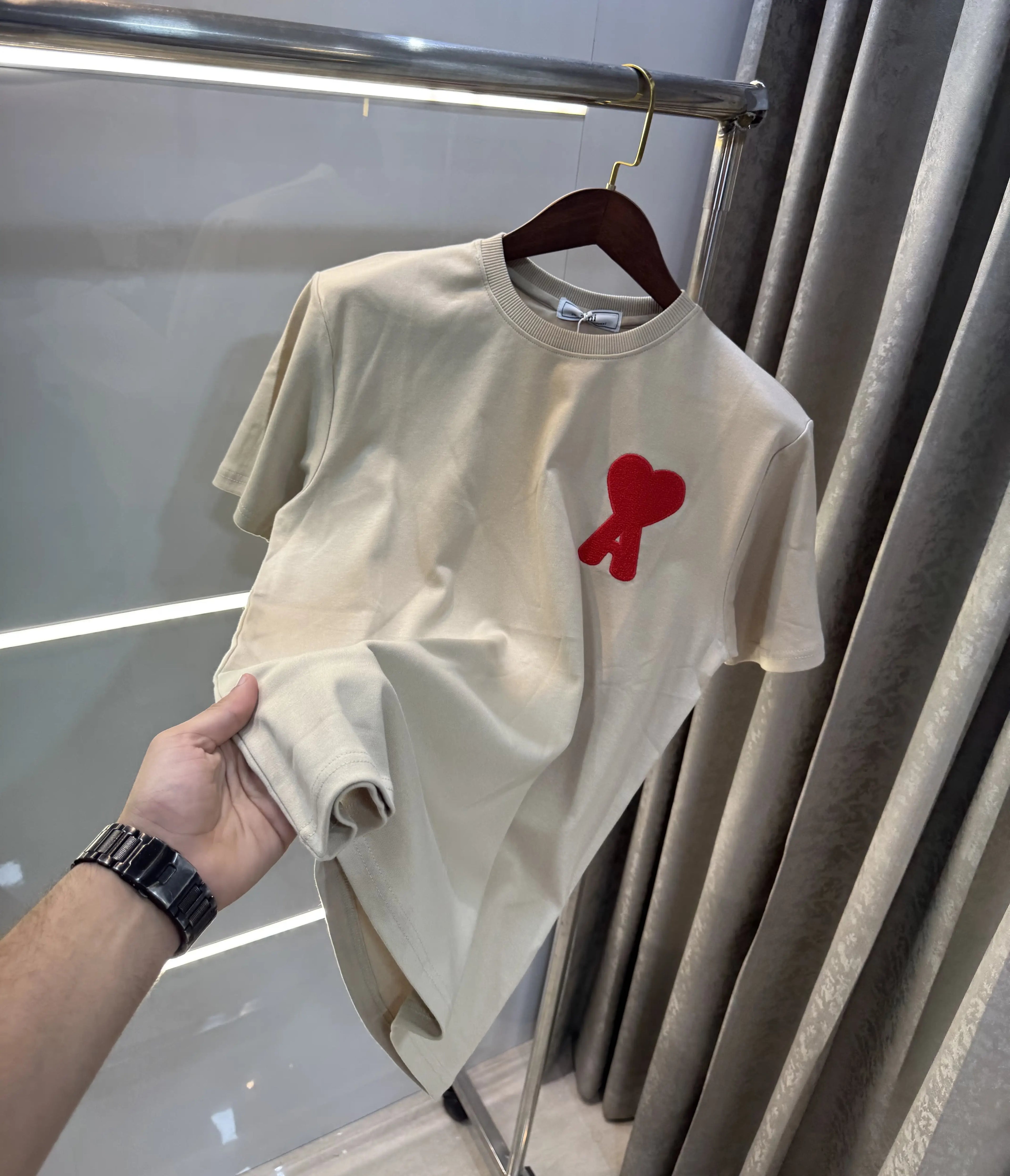 Ami Paris Cream Embroidery Logo Premium T-Shirt