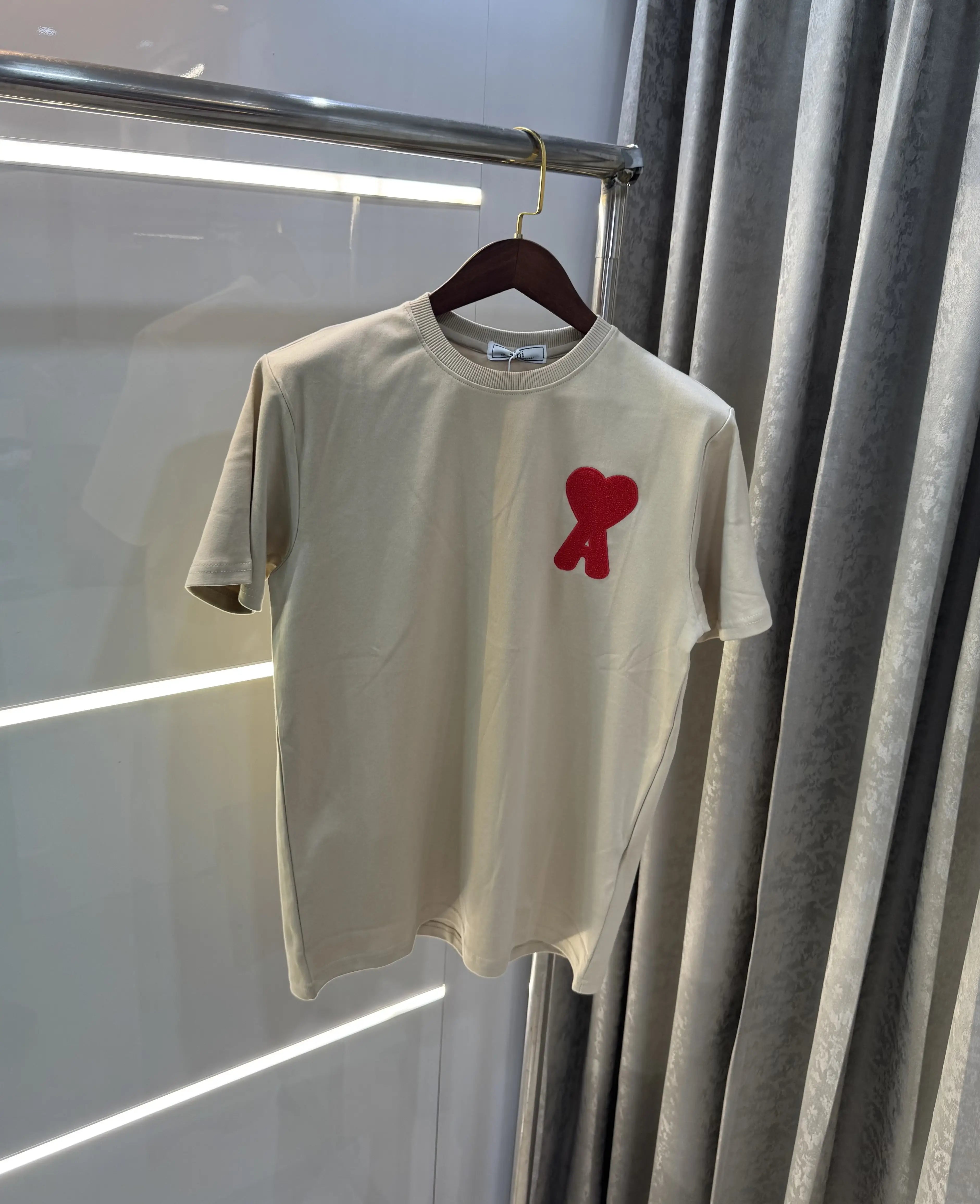 Ami Paris Cream Embroidery Logo Premium T-Shirt