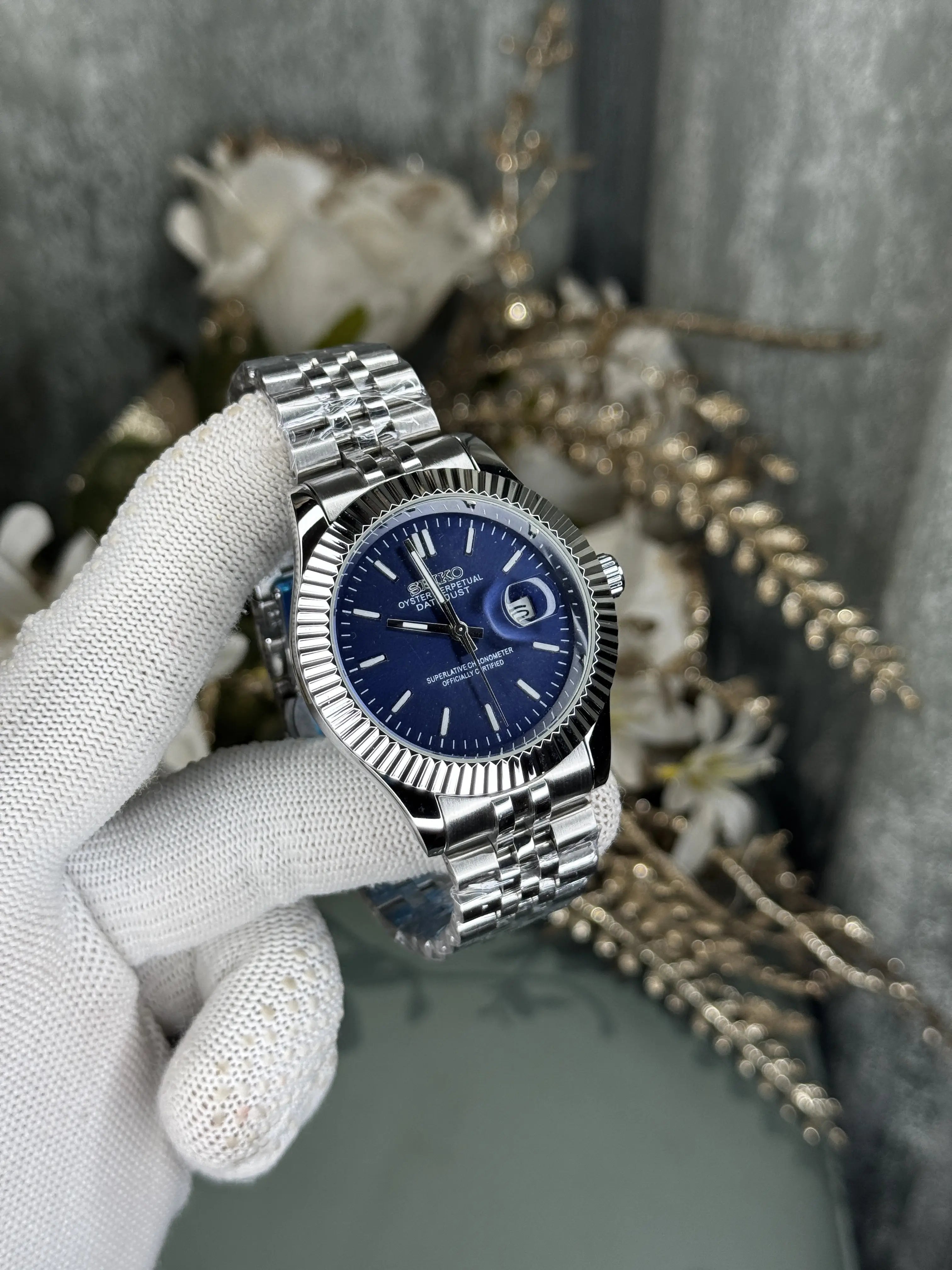 Seiko Datejust Silver Blue Sunburst Dial Premium Watch