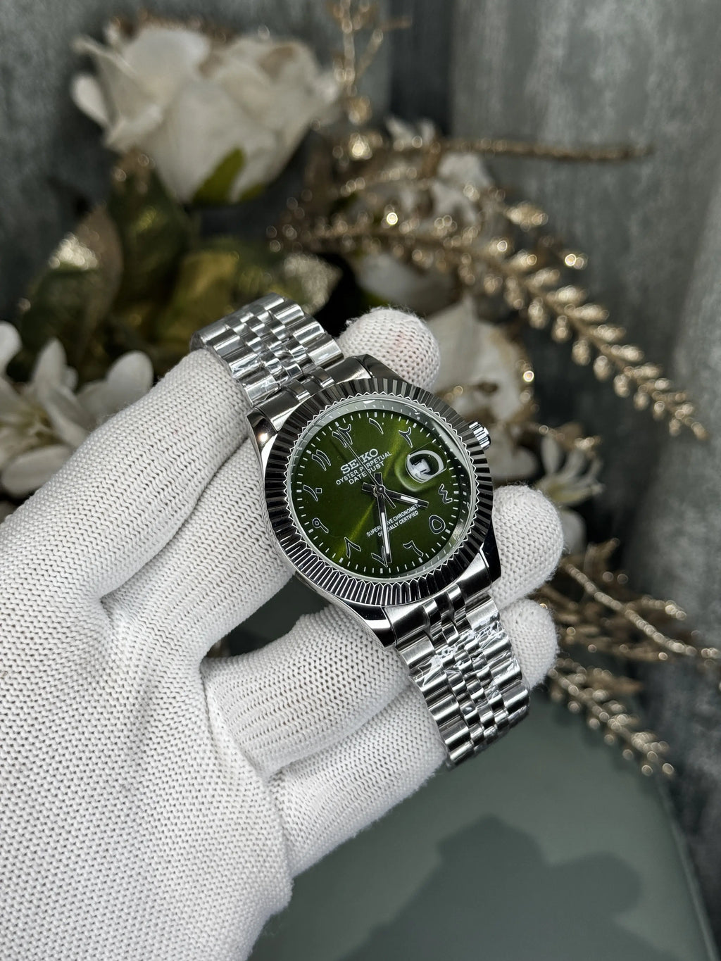 Seiko Datejust Silver Olive Arabic Dial Premium Watch