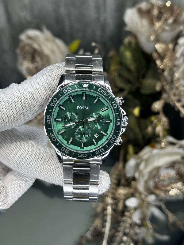 Fossil Bannon Silver Green Chronograph Watch